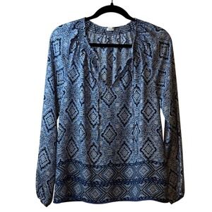 ✨GAP Women Blue Geometric Print V Neck Long Sleeve Smocked Blouse Top Size S #